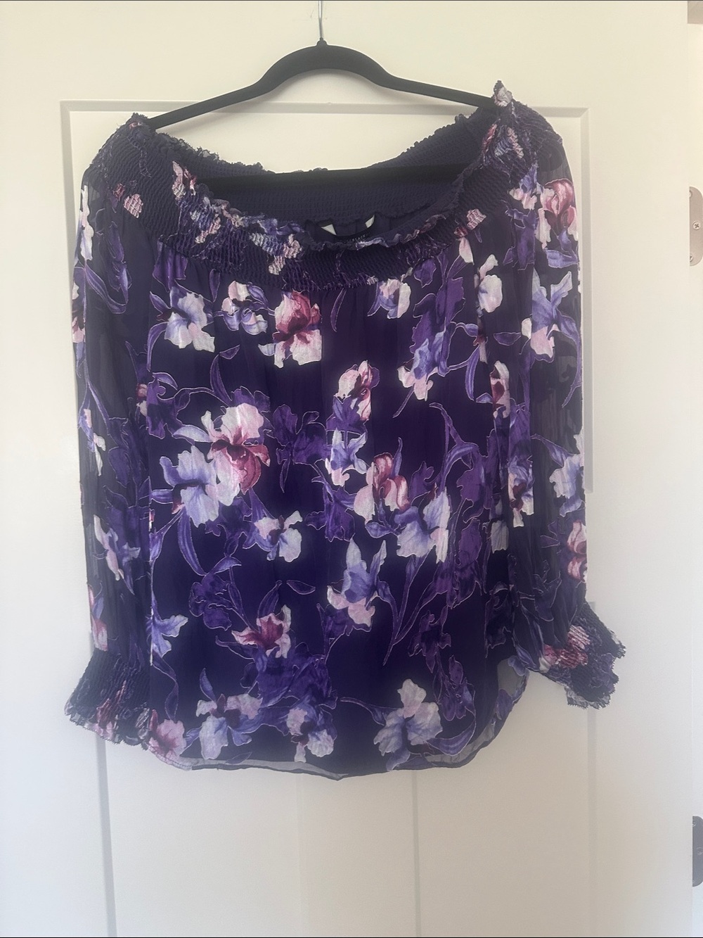 White House Black Market Purple Floral Off-The-Shoulder Blouse
